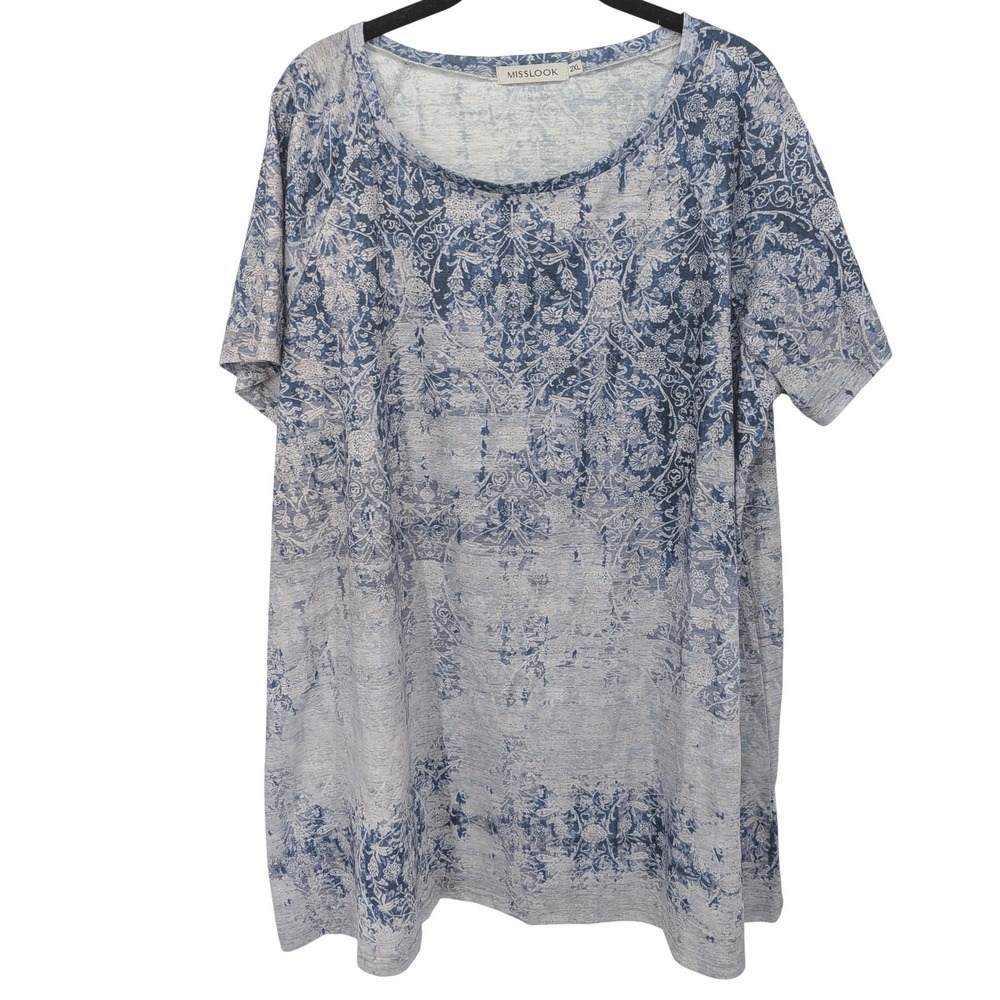 MISSLOOK Blue and White Short Sleeve Printed Tee